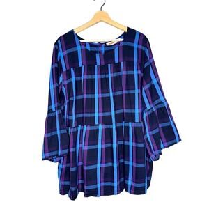 EVRI Plaid Long Sleeve Lightweight Blouse Size 2X Blue Black Purple Plus Flowy